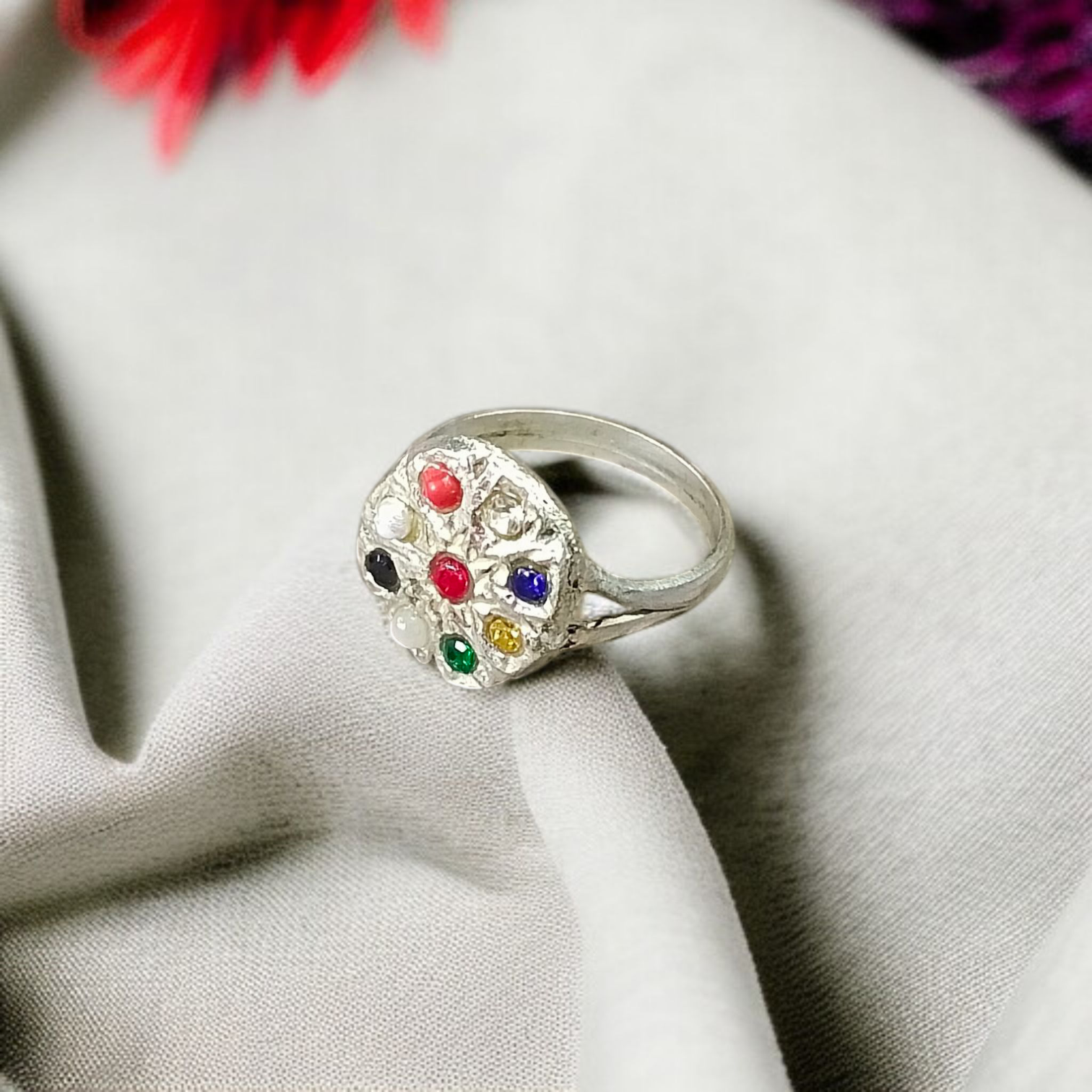 Navratan Ring with Nine Gemstones | Oval Shape – Spiritual and astrological ring offering prosperity, protection, and balance through the power of Navratan gemstones
