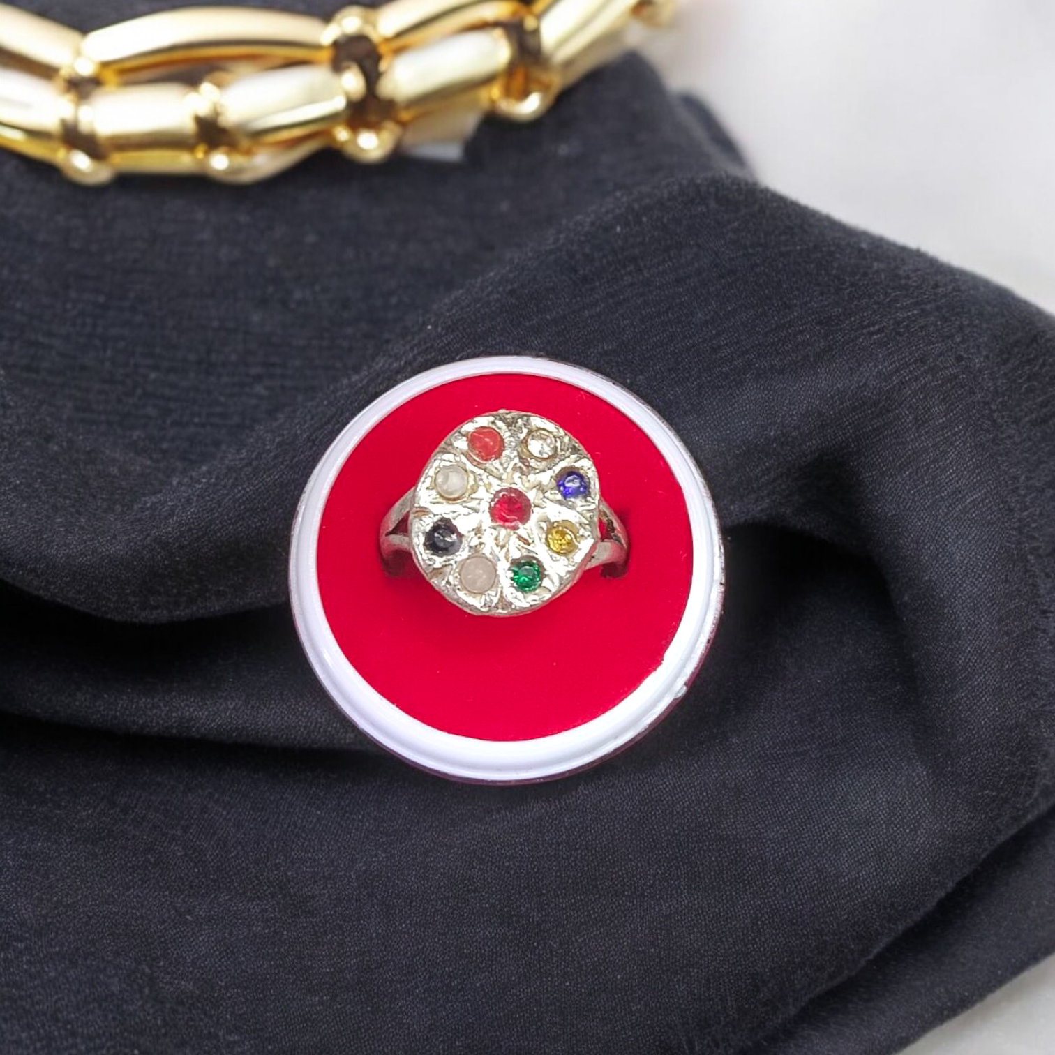 Navratan Ring with Nine Gemstones | Oval Shape – Spiritual and astrological ring offering prosperity, protection, and balance through the power of Navratan gemstones