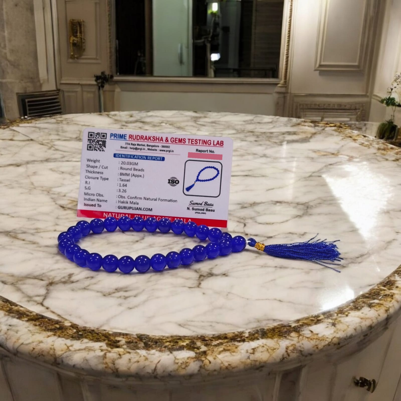 Neela Hakik Mala 27+1 Beads, Lab Certified Blue Agate Jaap Mala by Gurupujan, designed to enhance well-being and invite prosperity.