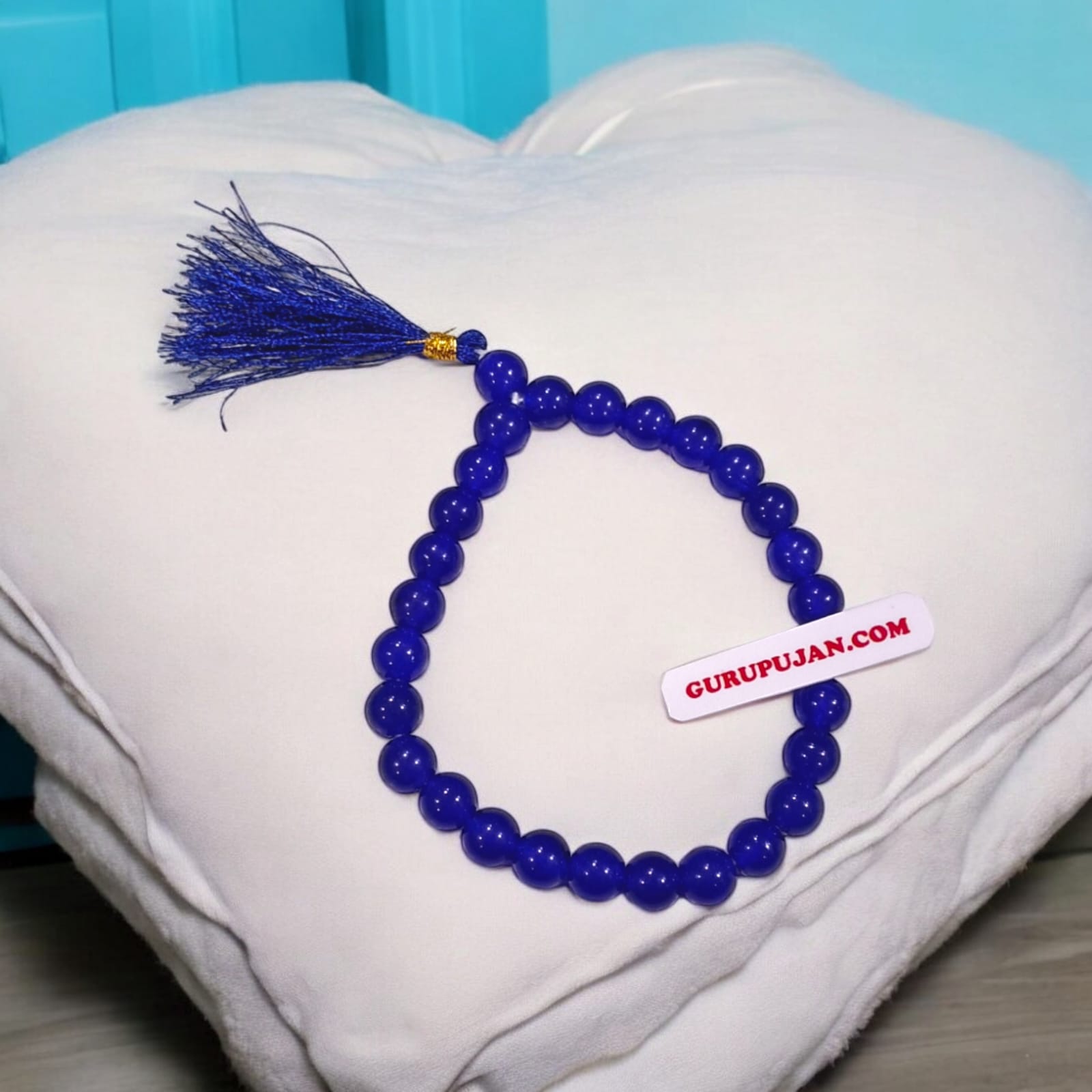 Neela Hakik Mala 27+1 Beads, Lab Certified Blue Agate Jaap Mala by Gurupujan, designed to enhance well-being and invite prosperity.