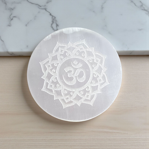 Om Symbol Engraved Selenite Charging Plate | Reiki Healing & Home Decor Pooja Thali