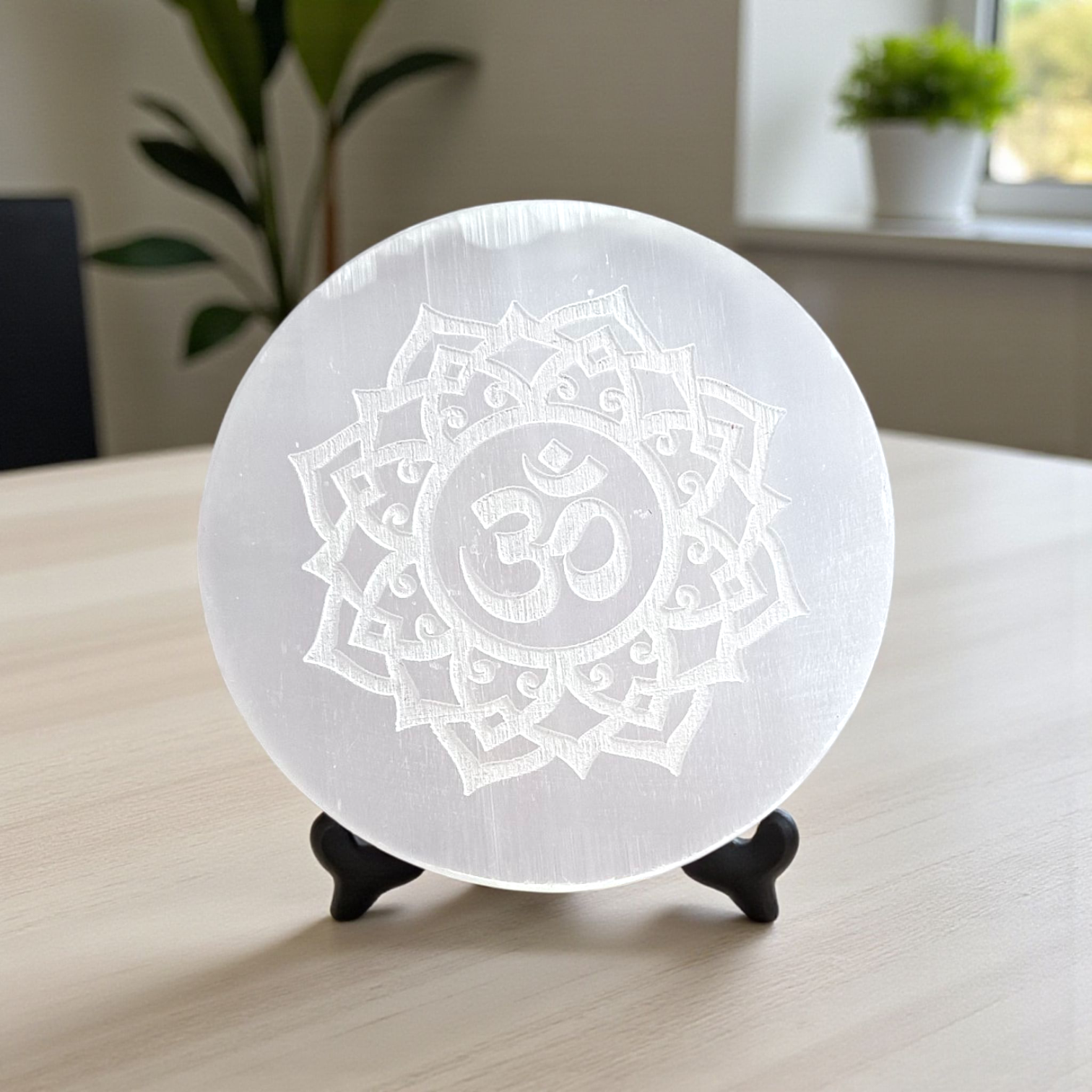 Om symbol engraved selenite charging plate for healing, Reiki, meditation, Pooja, and Feng Shui