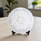 Om symbol engraved selenite charging plate for healing, Reiki, meditation, Pooja, and Feng Shui