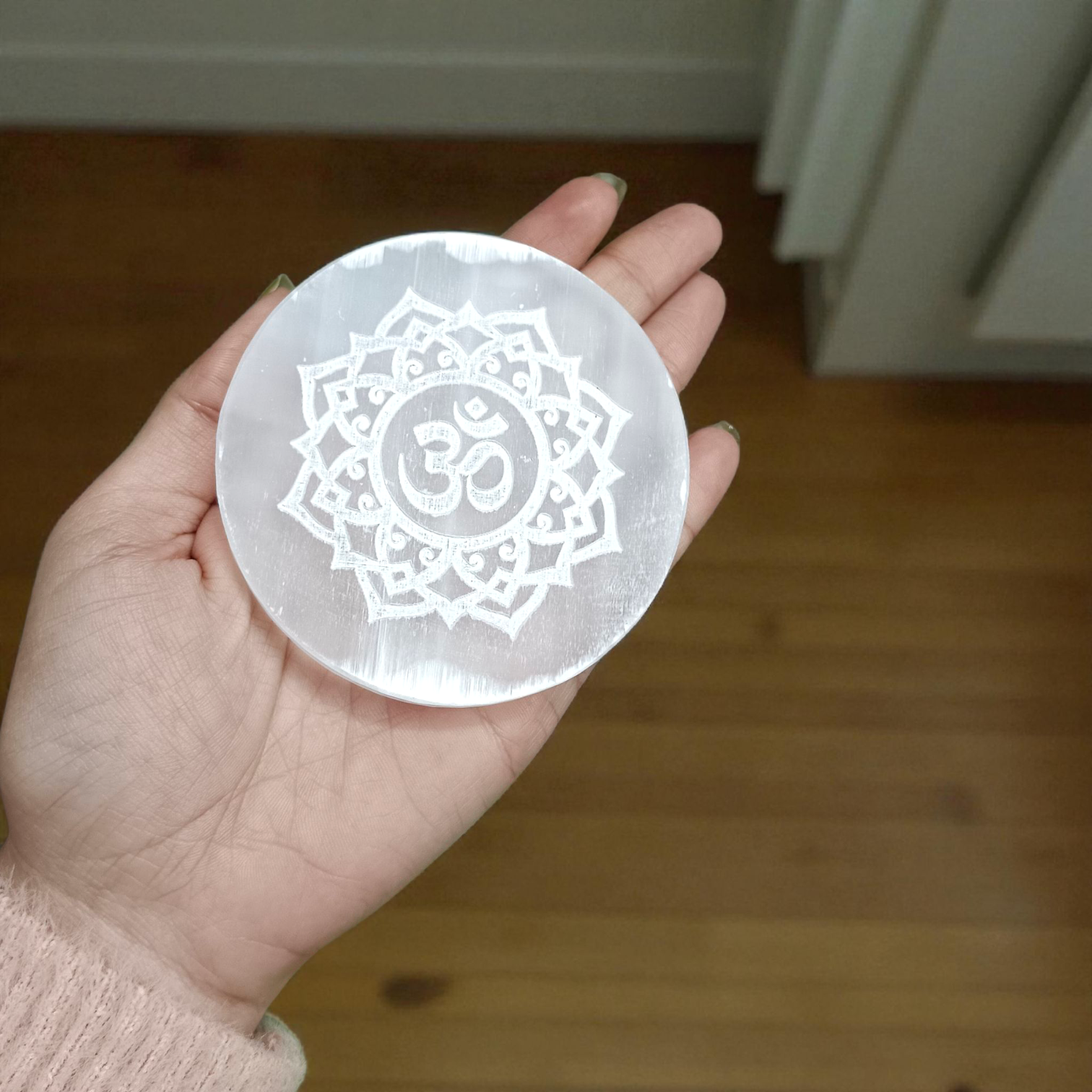 Om symbol engraved selenite charging plate for healing, Reiki, meditation, Pooja, and Feng Shui