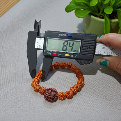 Original 5 Face Rudraksha Bracelet made with AAA Grade handpicked beads, stretchable and lab certified, placed on a rustic wooden surface