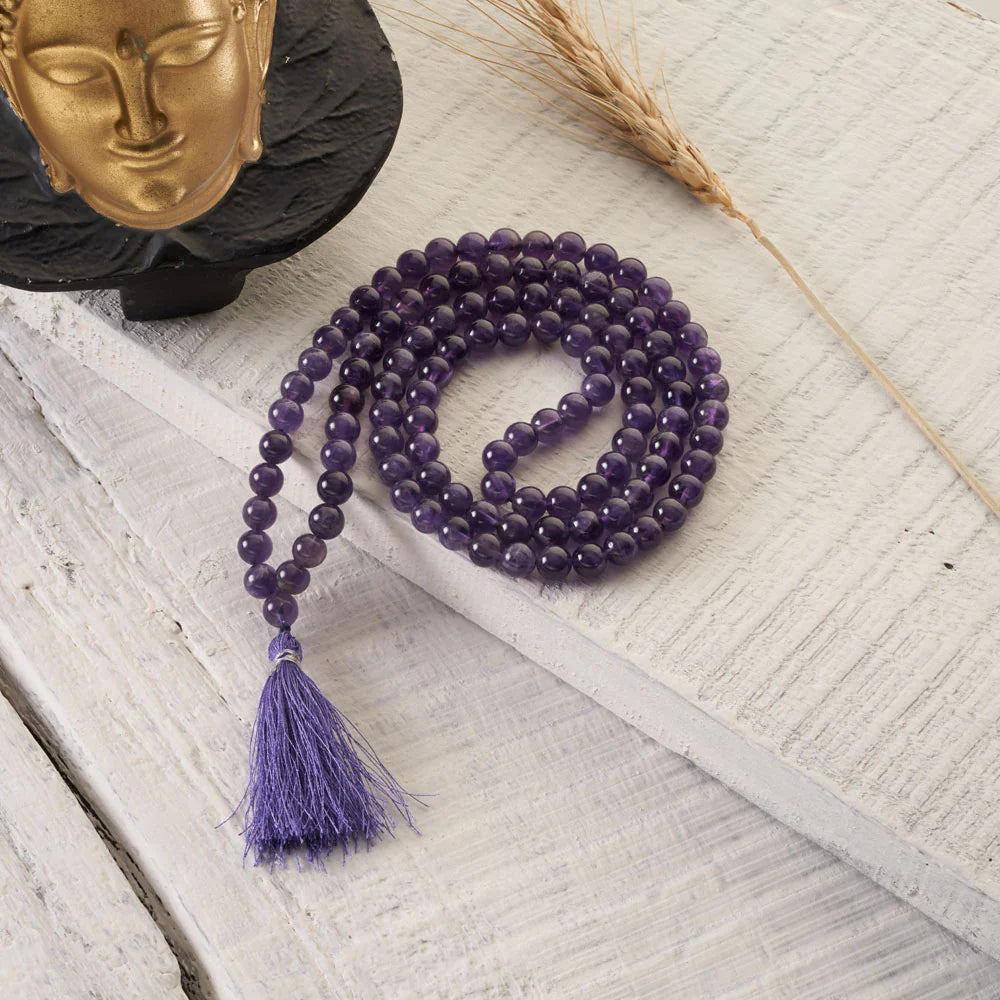 Original Amethyst Mala made from genuine Jamunia beads, ideal for spiritual jaap, meditation, and daily wear.