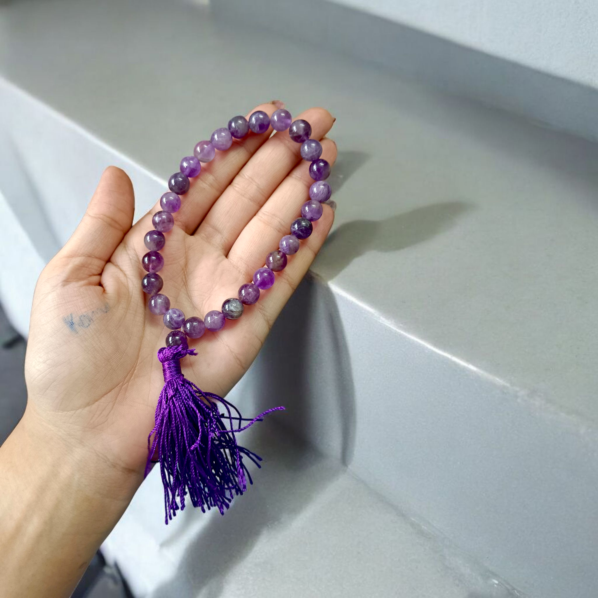 Original Amethyst Mala made from genuine Jamunia beads, ideal for spiritual jaap, meditation, and daily wear