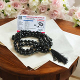 Original Black Agate Mala with lab certification, available in 27+1, 54+1, and 108+1 beads, along with a stretchable bracelet, for spiritual protection and meditation.