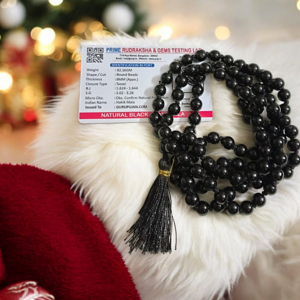 Original Black Agate Mala with lab certification, available in 27+1, 54+1, and 108+1 beads, along with a stretchable bracelet, for spiritual protection and meditation.