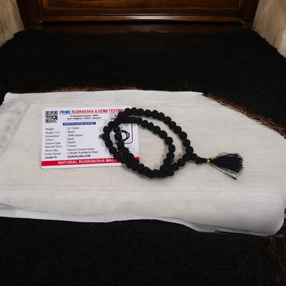 Original Black Rudraksha Mala made with 5 Mukhi beads, lab-certified, available for Jaap and wearing, ensuring spiritual protection and meditation benefits