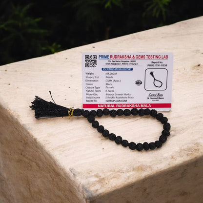 Original Black Rudraksha Mala made with 5 Mukhi beads, lab-certified, available for Jaap and wearing, ensuring spiritual protection and meditation benefits