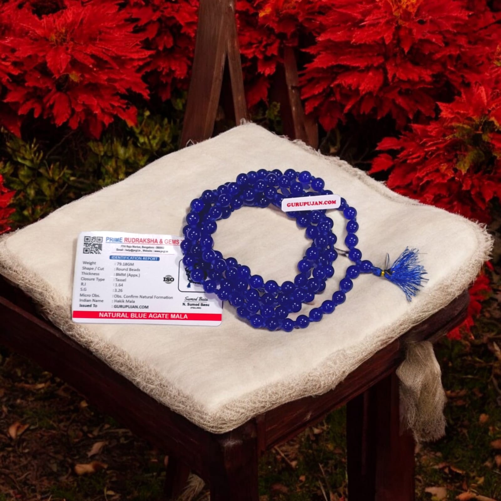 Original Blue Agate Mala with lab certification, available in 27+1, 54+1, and 108+1 beads, along with a stretchable bracelet, for meditation and spiritual growth.