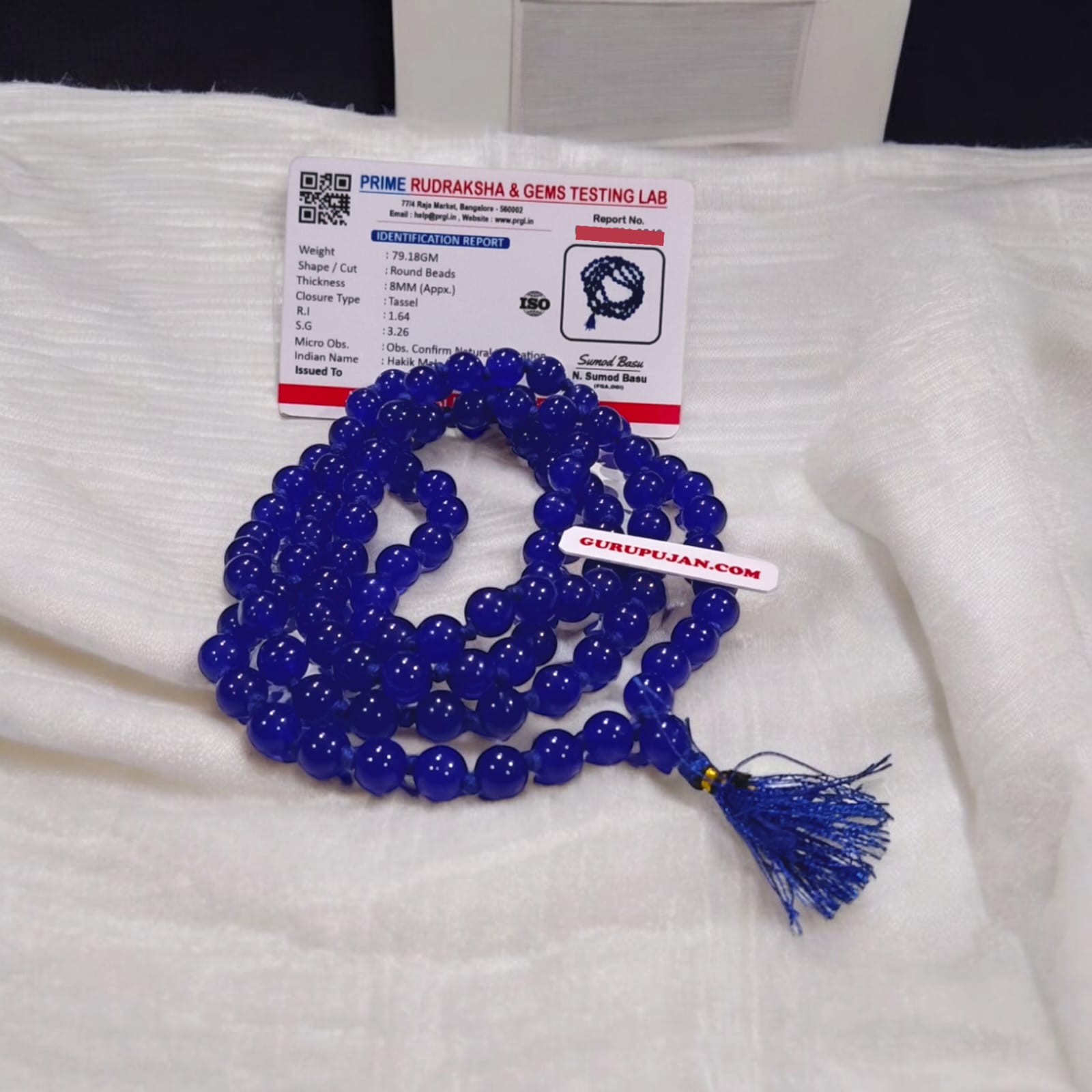 Original Blue Agate Mala with lab certification, available in 27+1, 54+1, and 108+1 beads, along with a stretchable bracelet, for meditation and spiritual growth.