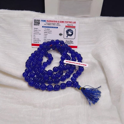 Original Blue Agate Mala with lab certification, available in 27+1, 54+1, and 108+1 beads, along with a stretchable bracelet, for meditation and spiritual growth.