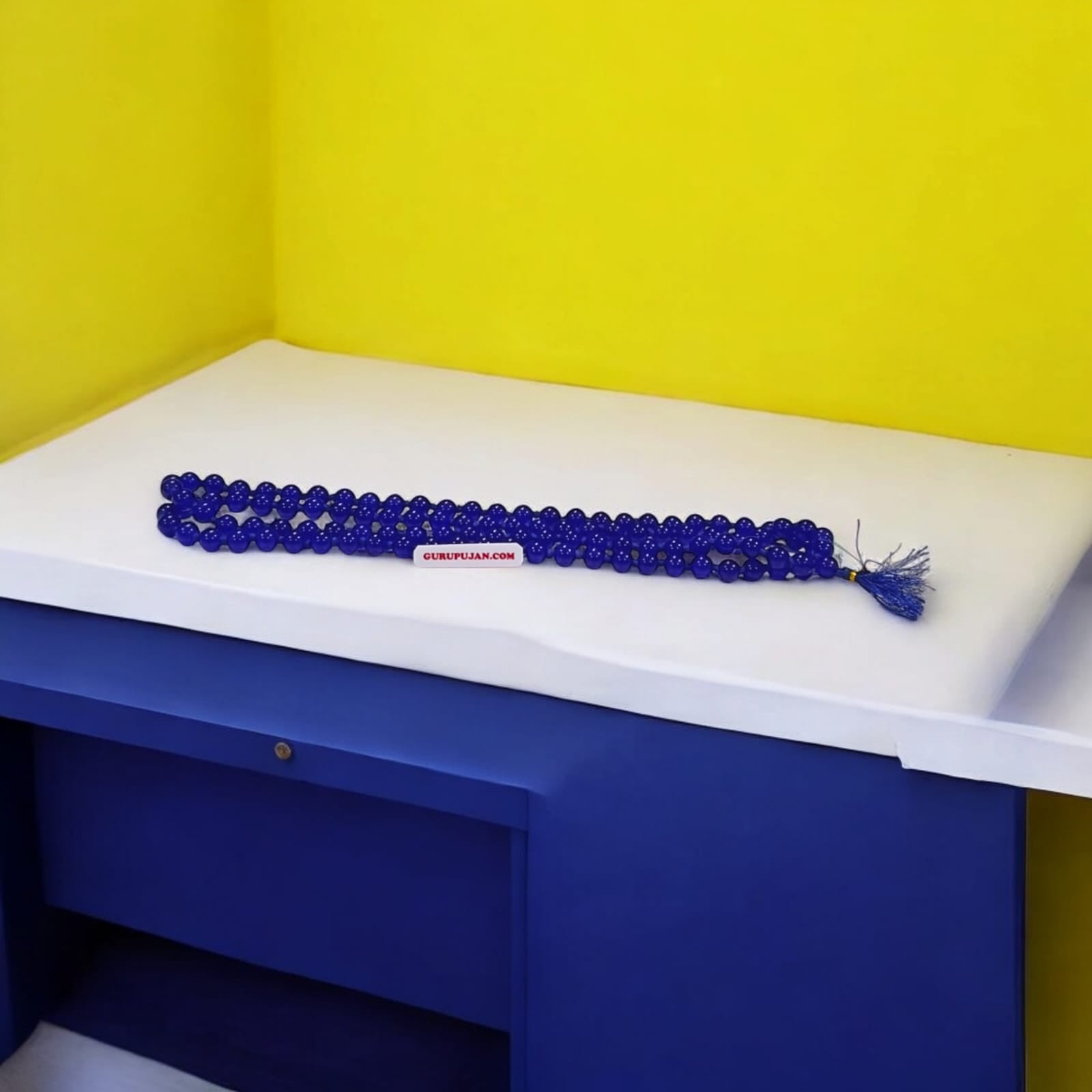 Original Blue Agate Mala with lab certification, available in 27+1, 54+1, and 108+1 beads, along with a stretchable bracelet, for meditation and spiritual growth.