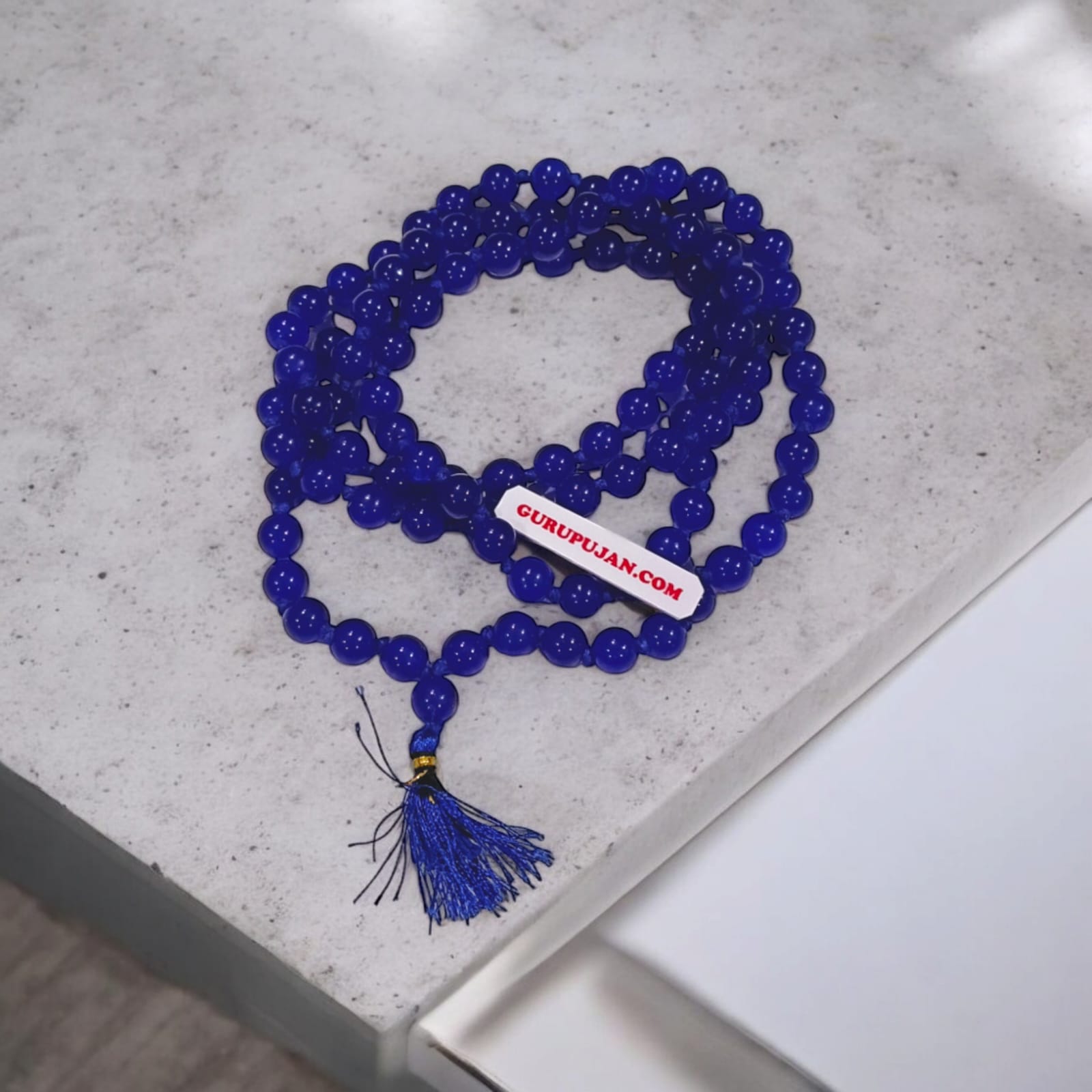 Original Blue Agate Mala with lab certification, available in 27+1, 54+1, and 108+1 beads, along with a stretchable bracelet, for meditation and spiritual growth.