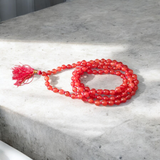 Original Hessonite Garnet Mala with 8mm natural beads in 108+1 and 27+1 variants for success, enemy protection, and spiritual energy
