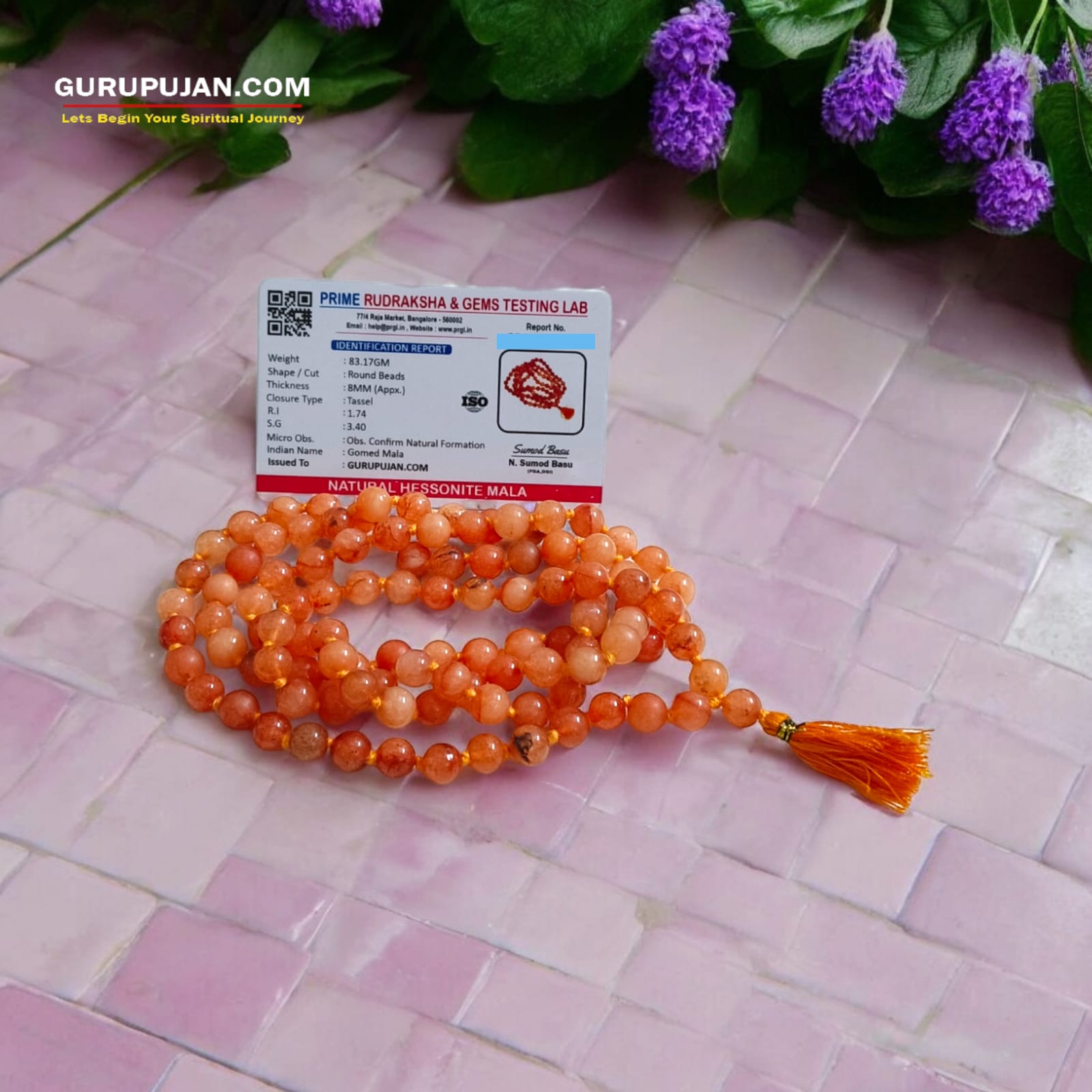 Original Hessonite Garnet Mala with 8mm natural beads in 108+1 and 27+1 variants for success, enemy protection, and spiritual energy