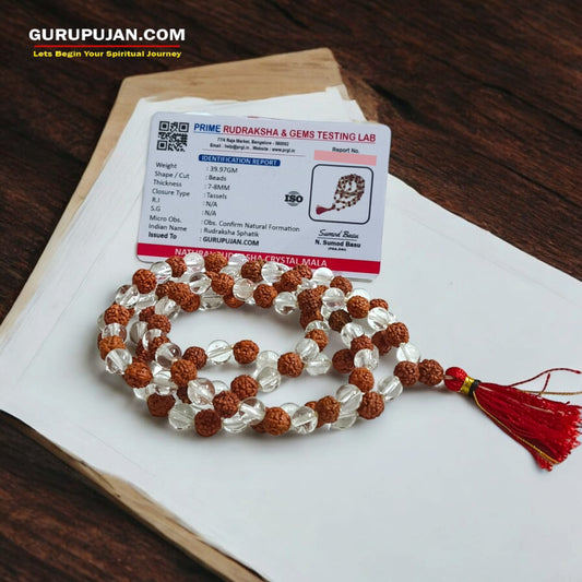 Original Lab Certified Rudraksha Sphatik Mala with 27+1 and 108+1 Beads – Ideal for Meditation and Healing