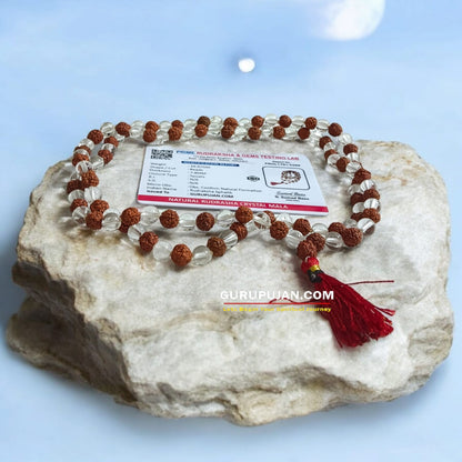 Original Lab Certified Rudraksha Sphatik Mala with 27+1 and 108+1 Beads – Ideal for Meditation and Healing