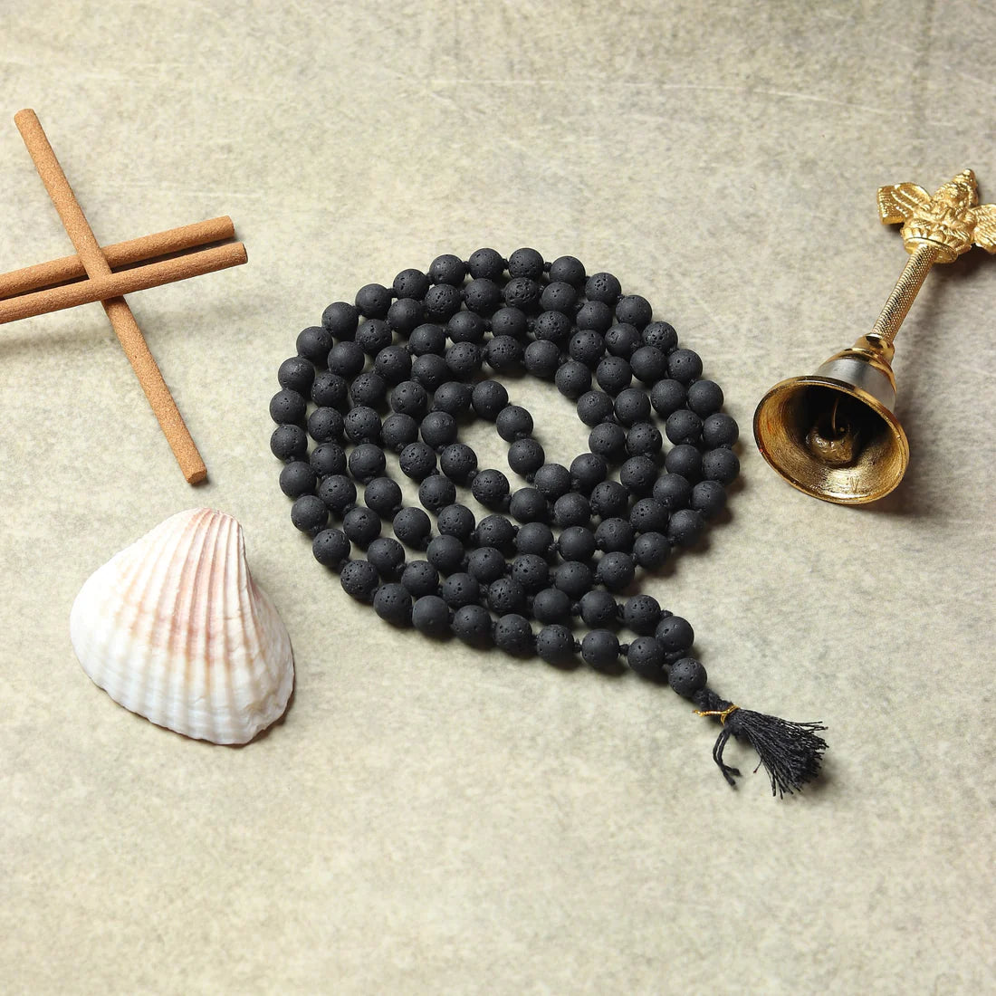 Original Lava Mala made of pure black lava beads for meditation and career stability – available in 27+1 and 108+1 bead variants