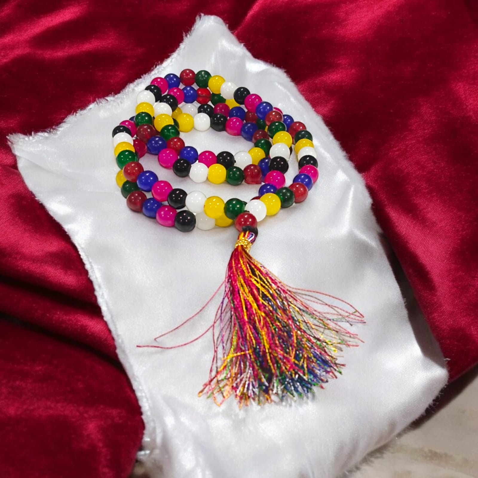 Original Mix Agate Mala with multi-colored beads, lab-certified, available in 27+1, 54+1, and 108+1 beads, as well as a stretchable bracelet, for balance and harmony.