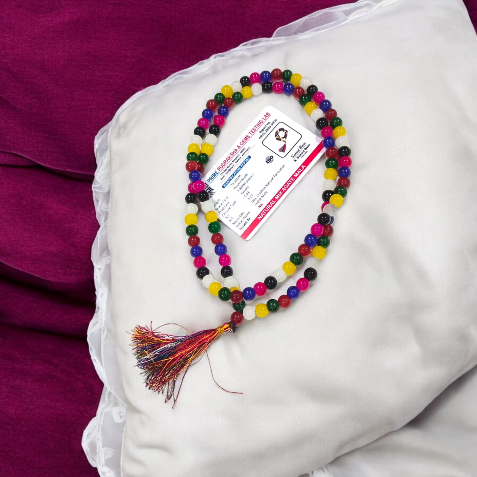 Original Mix Agate Mala with multi-colored beads, lab-certified, available in 27+1, 54+1, and 108+1 beads, as well as a stretchable bracelet, for balance and harmony.