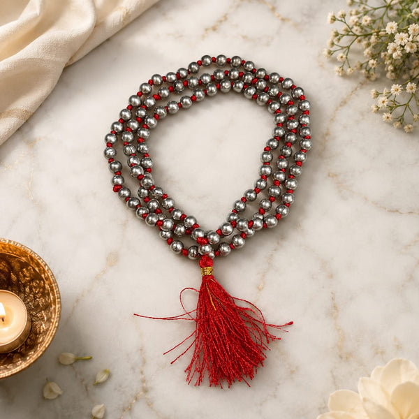 Original Parad Mala made with pure mercury beads, available in  108+1  offered by Gurupujan with lab certification and free gifts.