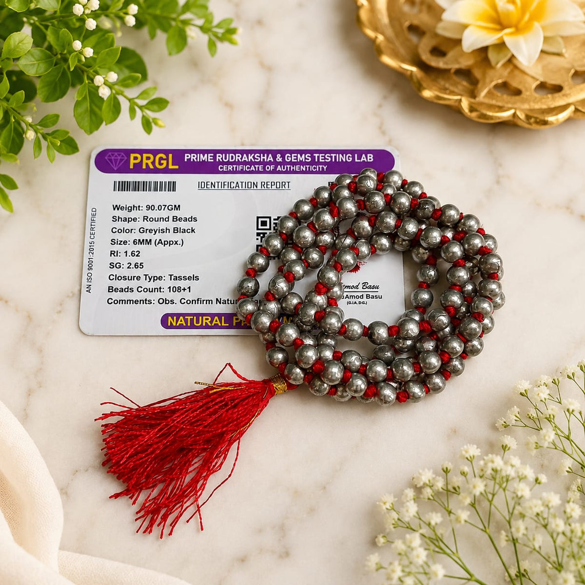 Original Parad Mala made with pure mercury beads, available in  108+1  offered by Gurupujan with lab certification and free gifts