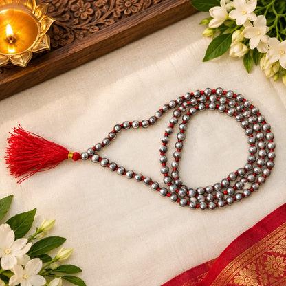 Original Parad Mala made with pure mercury beads, available in  108+1  offered by Gurupujan with lab certification and free gifts.