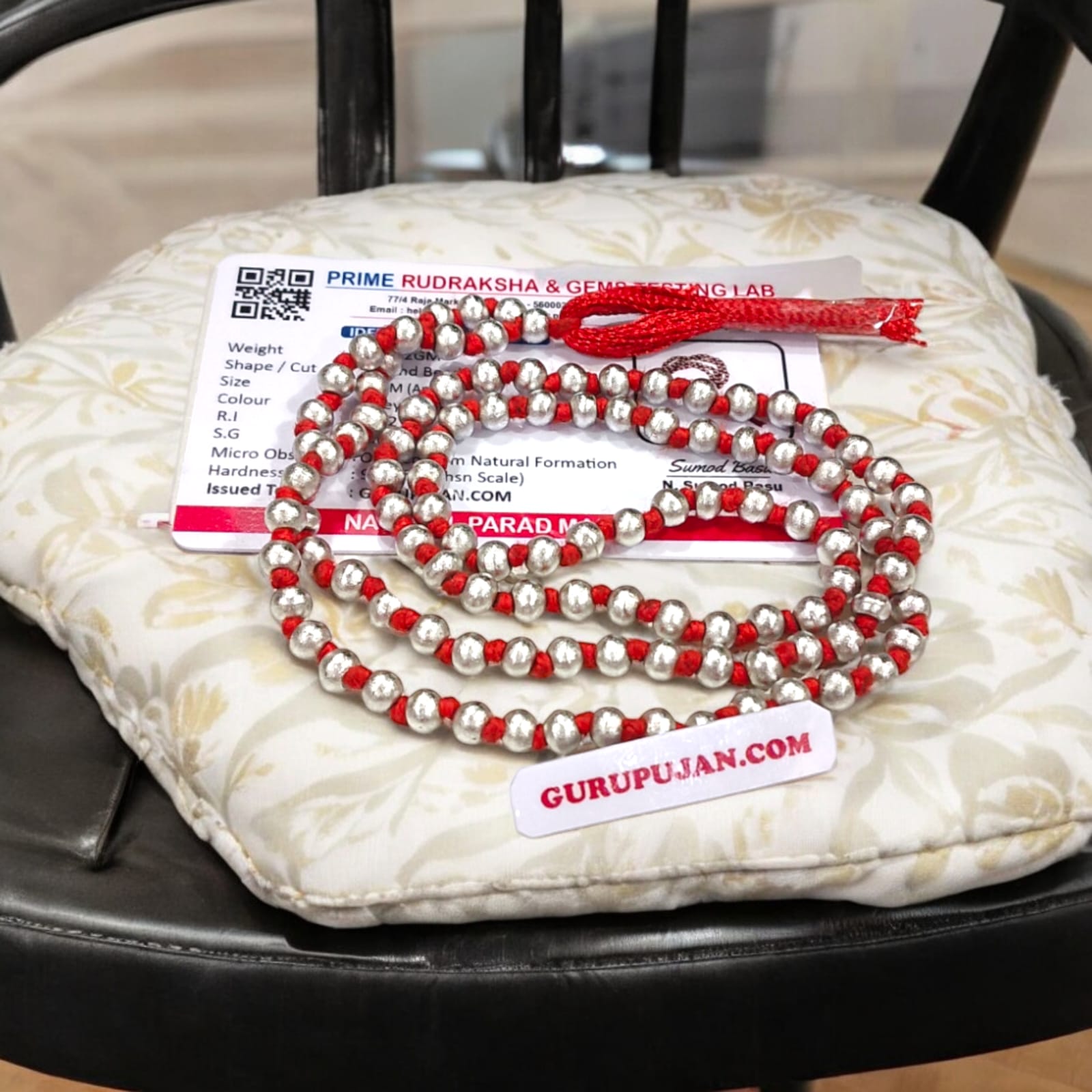 Original Parad Mala made with pure mercury beads, available in 27+1, 54+1, and 108+1 variants, offered by Gurupujan with lab certification and free gifts.