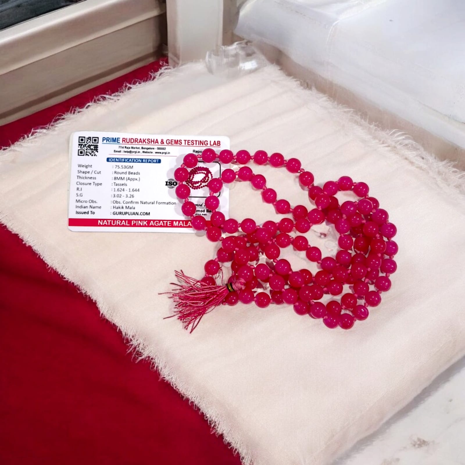 Original Pink Agate Mala with lab certification, available in 27+1, 54+1, and 108+1 beads, along with a stretchable bracelet, for emotional healing and meditation.