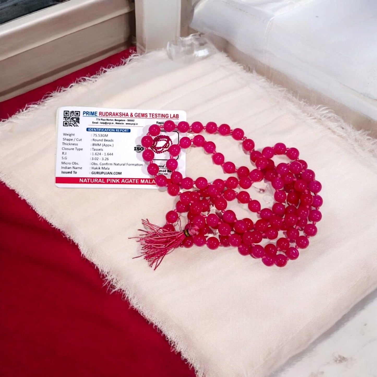 Original Pink Agate Mala with lab certification, available in 27+1, 54+1, and 108+1 beads, along with a stretchable bracelet, for emotional healing and meditation.