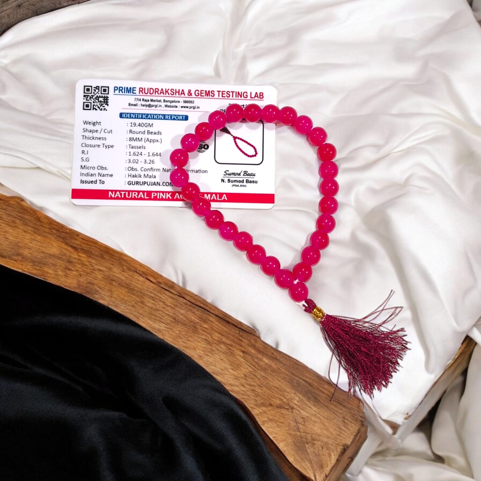 Original Pink Agate Mala with lab certification, available in 27+1, 54+1, and 108+1 beads, along with a stretchable bracelet, for emotional healing and meditation.