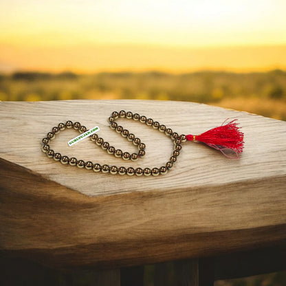 Original Pyrite Mala crafted from genuine metallic beads, ideal for attracting prosperity, boosting confidence, and protecting against negativity.