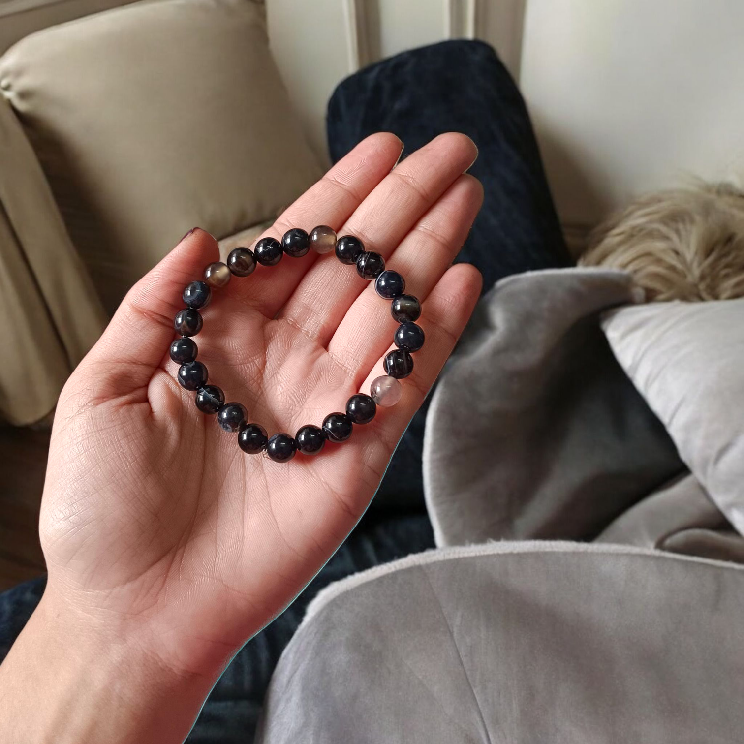 Original Sulemani Hakik Bracelet with 8MM Lab-Certified Black Beads in Stretchable Design for Daily Wear and Energy Protection