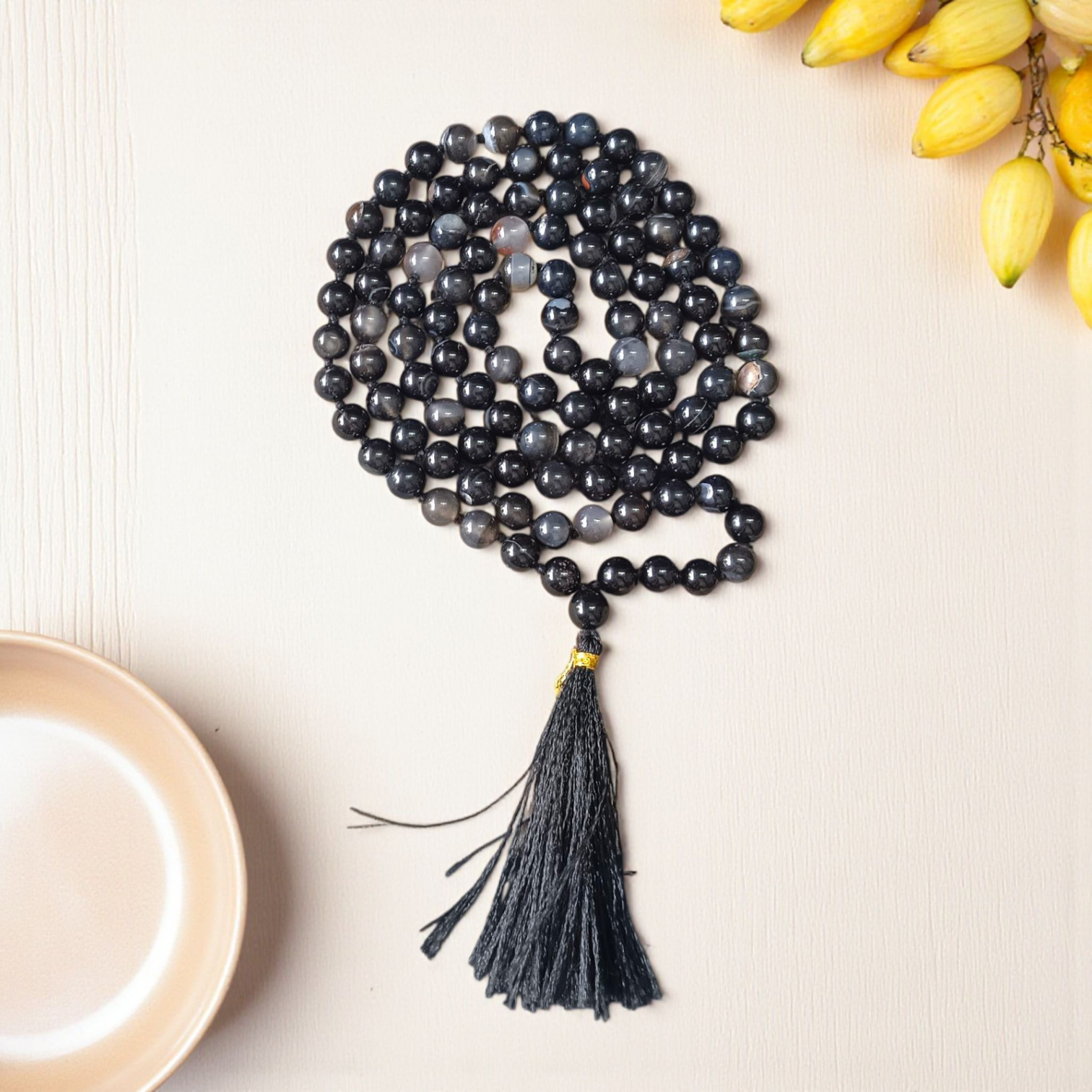 Original Sulemani Hakik Mala with 108+1 and 27+1 Lab-Certified 8MM Black Agate Beads for Meditation and Daily Emotional Balance
