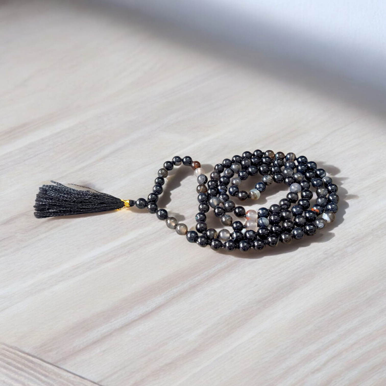 Original Sulemani Hakik Mala with 108+1 and 27+1 Lab-Certified 8MM Black Agate Beads for Meditation and Daily Emotional Balance