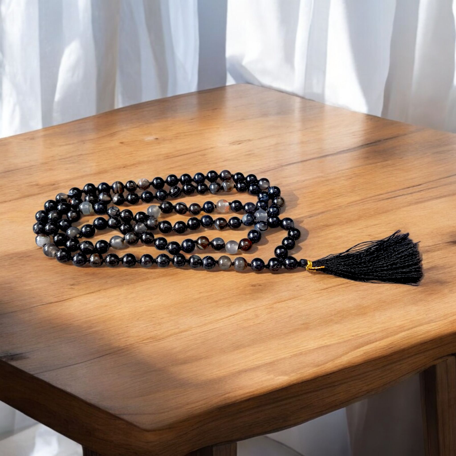 Original Sulemani Hakik Mala with 108+1 and 27+1 Lab-Certified 8MM Black Agate Beads for Meditation and Daily Emotional Balance