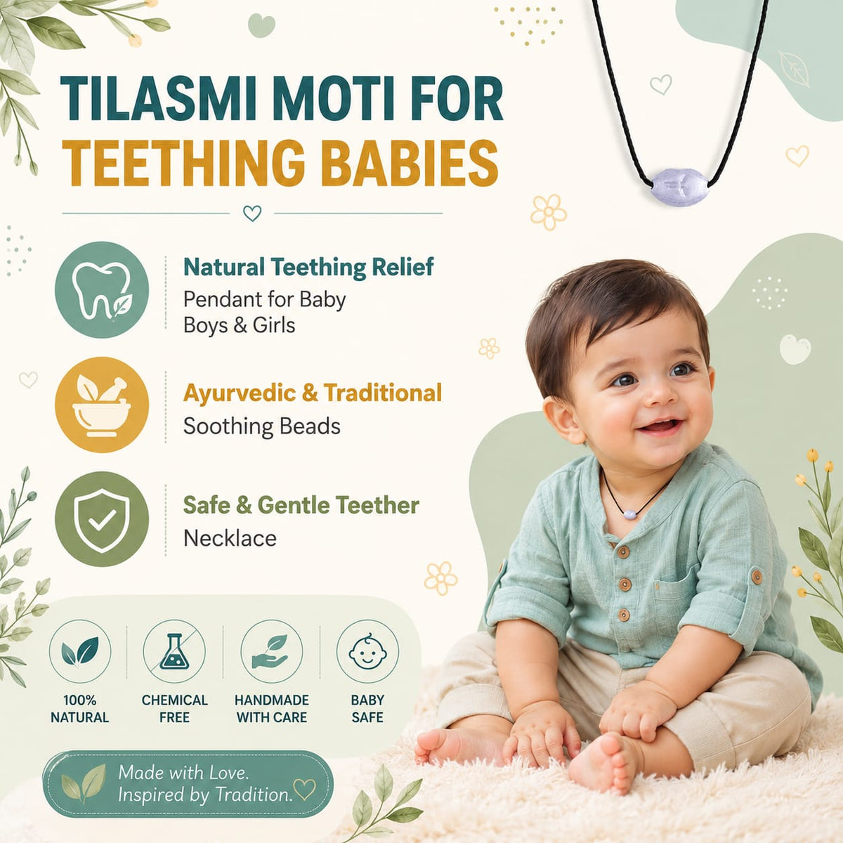 Original Tlismi Moti Pendant with Thread Silver Oval Shape Baby Teething Pendant Silver Color Spiritual Protection Pendant