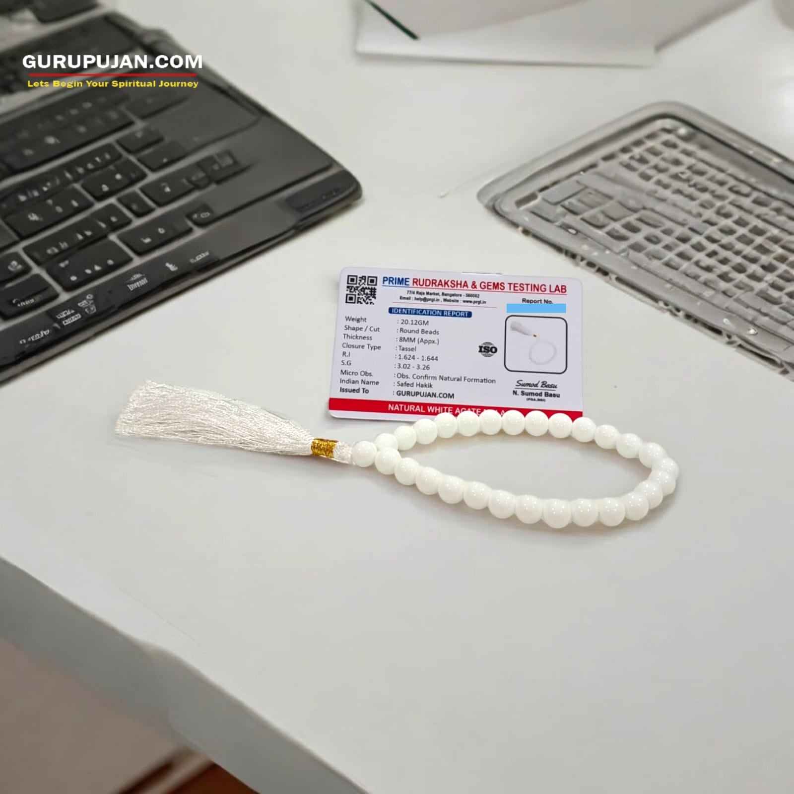 Original White Agate Mala with lab certification, available in 27+1, 54+1, and 108+1 beads, along with a stretchable bracelet, for meditation and spiritual growth.