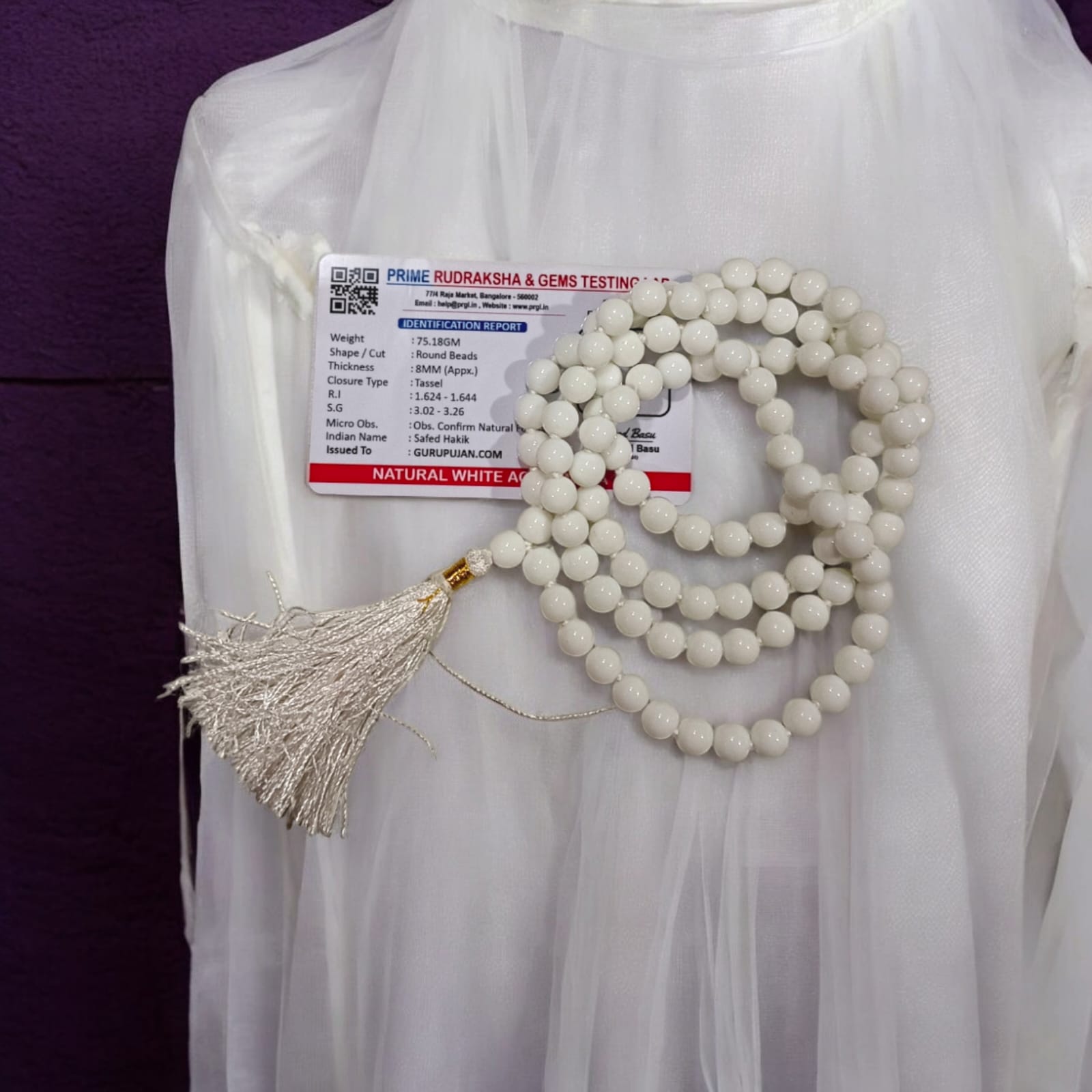 Original White Agate Mala with lab certification, available in 27+1, 54+1, and 108+1 beads, along with a stretchable bracelet, for meditation and spiritual growth.