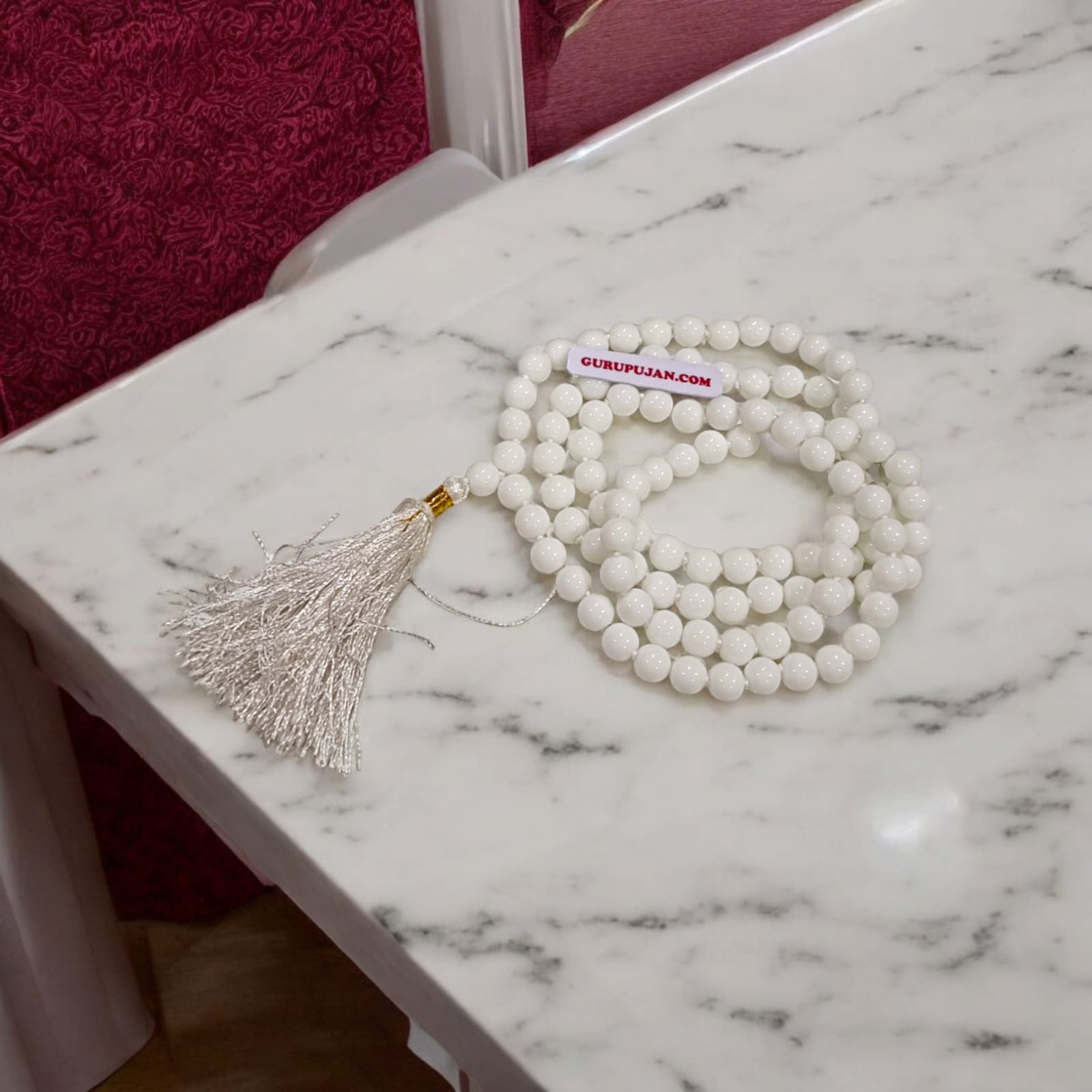 Original White Agate Mala with lab certification, available in 27+1, 54+1, and 108+1 beads, along with a stretchable bracelet, for meditation and spiritual growth.