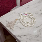 Original White Agate Mala with lab certification, available in 27+1, 54+1, and 108+1 beads, along with a stretchable bracelet, for meditation and spiritual growth.
