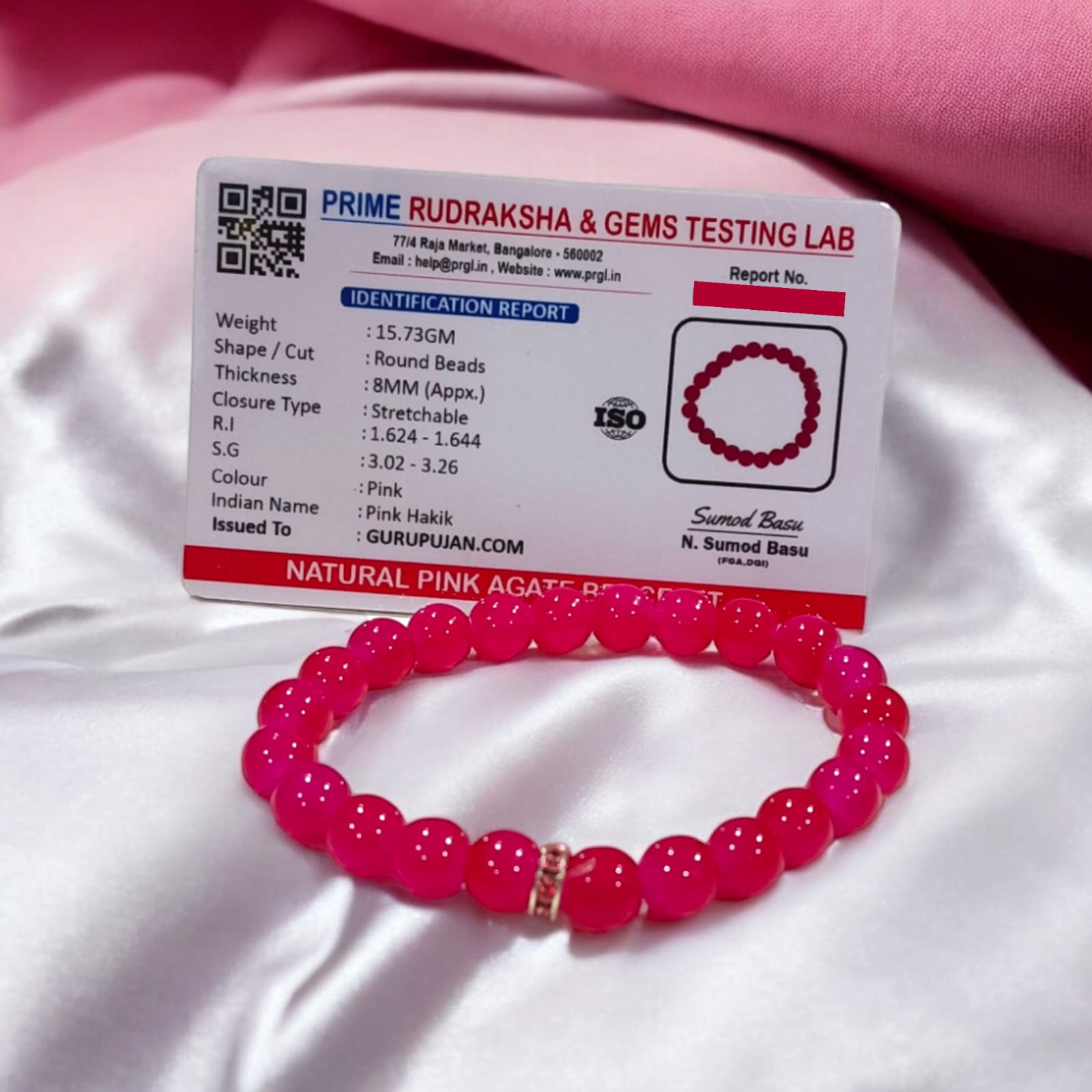 Pink Agate Bracelet with 8MM natural beads, lab certified, stretchable design, promoting emotional healing and harmony.