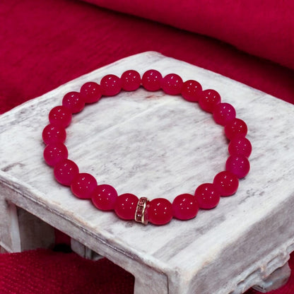 Pink Agate Bracelet with 8MM natural beads, lab certified, stretchable design, promoting emotional healing and harmony.