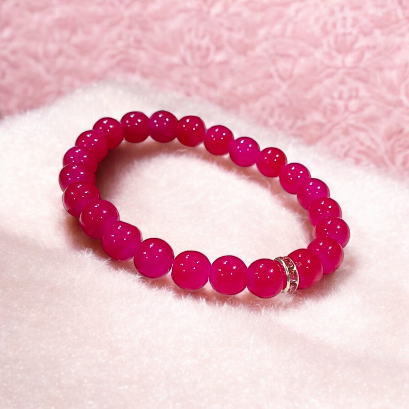 Pink Agate Bracelet with 8MM natural beads, lab certified, stretchable design, promoting emotional healing and harmony.