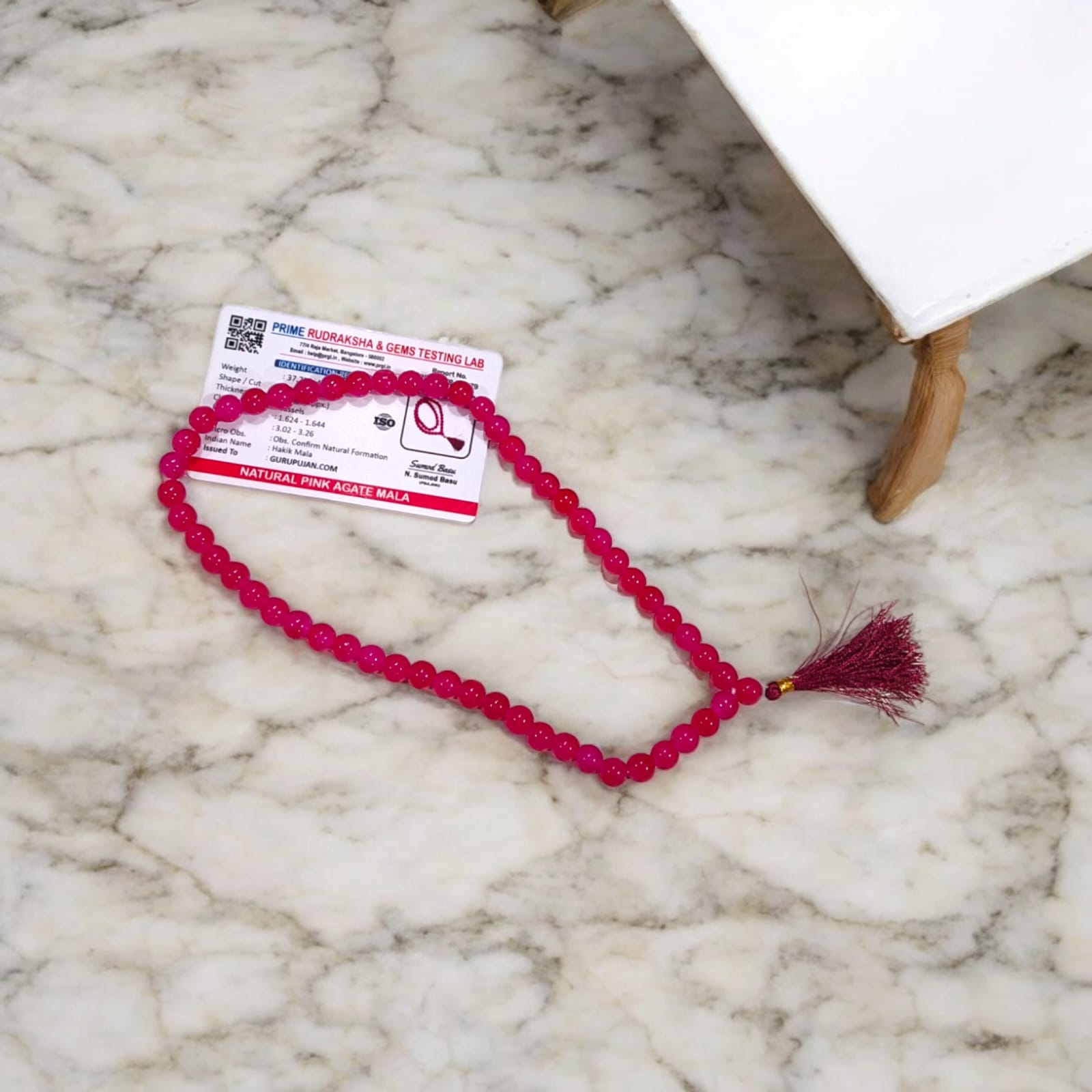 Pink Agate Mala 54+1 beads, also known as Pink Hakik Mala, featuring 8MM beads, lab certified, ideal for jaap, meditation, and daily wear.