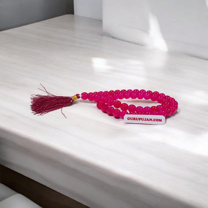 Pink Agate Mala 54+1 beads, also known as Pink Hakik Mala, featuring 8MM beads, lab certified, ideal for jaap, meditation, and daily wear.