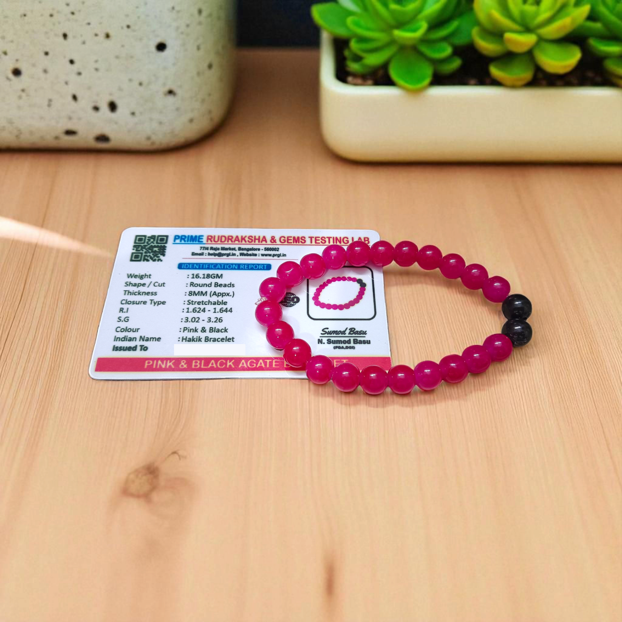 Pink & Black Agate (Hakik) bracelet with 8mm round polished beads, lab certified and stretchable, perfect for emotional healing and protection